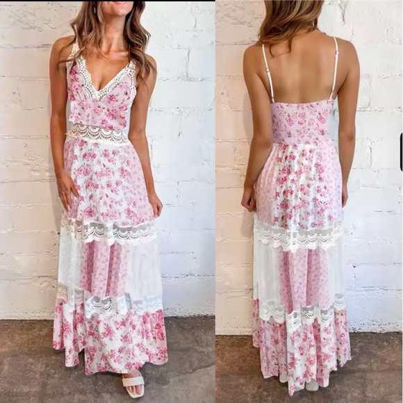 Anthropologie Dresses & Skirts - Pink floral lace crochet patchwork adjustable strap whimsical Boho maxi Dress